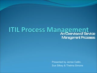An Overview of Service Management Processes Presented by Jerree Catlin,  Sue Silkey & Thelma Simons 