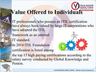 Value Offered to Individuals
IT professionals who possess an ITIL certification
have always been valued by large IT corporations who
have adopted the ITIL
framework as an internal
IT standard.
In 2014 ITIL Foundation
certification is listed among
the top 15 high paying certifications according to the
salary survey conducted by Global Knowledge and
Penton.
 