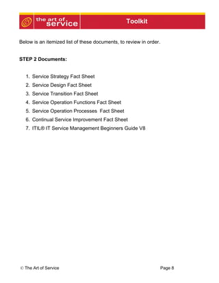 Toolkit


Below is an itemized list of these documents, to review in order.


STEP 2 Documents:


  1. Service Strategy Fact Sheet
  2. Service Design Fact Sheet
  3. Service Transition Fact Sheet
  4. Service Operation Functions Fact Sheet
  5. Service Operation Processes Fact Sheet
  6. Continual Service Improvement Fact Sheet
  7. ITIL® IT Service Management Beginners Guide V8




© The Art of Service                                                Page 8
 