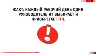 ITIL Управление информационными технологиями
ФАКТ: КАЖДЫЙ РАБОЧИЙ ДЕНЬ ОДИН
РУКОВОДИТЕЛЬ ИТ ВЫБИРАЕТ И
ПРИОБРЕТАЕТ ITIL
 