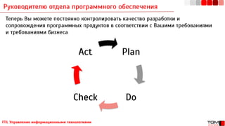Руководителю отдела программного обеспечения
ITIL Управление информационными технологиями
Теперь Вы можете постоянно контролировать качество разработки и
сопровождения программных продуктов в соответствии с Вашими требованиями
и требованиями бизнеса
Plan
DoCheck
Act
 