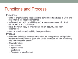 Functions and Process
• Functions:
• units of organizations specialized to perform certain types of work and
responsible for specific outcomes
• self-contained, with capabilities and resources necessary for their
performance and outcomes
• have their own body of knowledge, which accumulates from
experience
• provide structure and stability to organizations.
• Process
• examples of closed-loop systems because they provide change and
transformation towards a goal, and utilize feedback for self-reinforcing
and self-corrective action
• Characteristics:
• Measurable
• Specific results
• Customers
• Responds to specific event
 