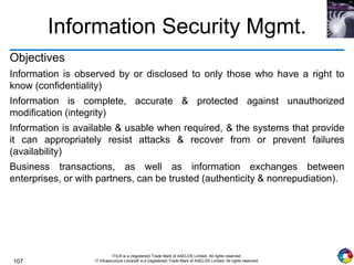 107
ITIL® is a (registered) Trade Mark of AXELOS Limited. All rights reserved.
IT Infrastructure Library® is a (registered) Trade Mark of AXELOS Limited. All rights reserved.
Information Security Mgmt.
Objectives
Information is observed by or disclosed to only those who have a right to
know (confidentiality)
Information is complete, accurate & protected against unauthorized
modification (integrity)
Information is available & usable when required, & the systems that provide
it can appropriately resist attacks & recover from or prevent failures
(availability)
Business transactions, as well as information exchanges between
enterprises, or with partners, can be trusted (authenticity & nonrepudiation).
 