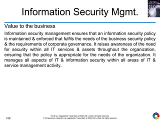 108
ITIL® is a (registered) Trade Mark of AXELOS Limited. All rights reserved.
IT Infrastructure Library® is a (registered) Trade Mark of AXELOS Limited. All rights reserved.
Information Security Mgmt.
Value to the business
Information security management ensures that an information security policy
is maintained & enforced that fulfils the needs of the business security policy
& the requirements of corporate governance. It raises awareness of the need
for security within all IT services & assets throughout the organization,
ensuring that the policy is appropriate for the needs of the organization. It
manages all aspects of IT & information security within all areas of IT &
service management activity.
 
