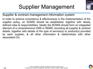 126
ITIL® is a (registered) Trade Mark of AXELOS Limited. All rights reserved.
IT Infrastructure Library® is a (registered) Trade Mark of AXELOS Limited. All rights reserved.
Supplier Management
Supplier & contract management information system
In order to achieve consistency & effectiveness in the implementation of the
supplier policy, an SCMIS should be established, together with clearly
defined roles & responsibilities. Ideally the SCMIS should form an integrated
element of a comprehensive CMS or SKMS, recording all supplier & contract
details, together with details of the type of service(s) or product(s) provided
by each supplier, & all other information & relationships with other
associated CIs.
 