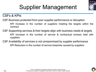 131
ITIL® is a (registered) Trade Mark of AXELOS Limited. All rights reserved.
IT Infrastructure Library® is a (registered) Trade Mark of AXELOS Limited. All rights reserved.
Supplier Management
CSFs & KPIs
CSF Business protected from poor supplier performance or disruption
KPI Increase in the number of suppliers meeting the targets within the
contract
CSF Supporting services & their targets align with business needs & targets
KPI Increase in the number of service & contractual reviews held with
suppliers
CSF Availability of services is not compromised by supplier performance
KPI Reduction in the number of service breaches caused by suppliers
 
