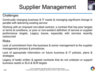 132
ITIL® is a (registered) Trade Mark of AXELOS Limited. All rights reserved.
IT Infrastructure Library® is a (registered) Trade Mark of AXELOS Limited. All rights reserved.
Supplier Management
Challenges
Continually changing business & IT needs & managing significant change in
parallel with delivering existing service
Working with an imposed non-ideal contract, a contract that has poor targets
or terms & conditions, or poor or non-existent definition of service or supplier
performance targets. Legacy issues, especially with services recently
outsourced
Risks
Lack of commitment from the business & senior management to the supplier
management process & procedures
Lack of appropriate information on future business & IT policies, plans &
strategies
Legacy of badly written & agreed contracts that do not underpin or support
business needs or SLA & SLR targets
 