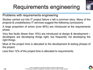 138
ITIL® is a (registered) Trade Mark of AXELOS Limited. All rights reserved.
IT Infrastructure Library® is a (registered) Trade Mark of AXELOS Limited. All rights reserved.
Requirements engineering
Problems with requirements engineering
Studies carried out into IT project failure s tell a common story. Many of the
projects & unsatisfactory IT services suggest the following conclusions:
A large proportion of errors (over 80%) are introduced at the requirements
phase.
Very few faults (fewer than 10%) are introduced at design & development –
developers are developing things right, but frequently not developing the
right things.
Most of the project time is allocated to the development & testing phases of
the project.
Less than 12% of the project time is allocated to requirements.
 