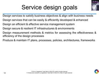 14
ITIL® is a (registered) Trade Mark of AXELOS Limited. All rights reserved.
IT Infrastructure Library® is a (registered) Trade Mark of AXELOS Limited. All rights reserved.
Service design goals
Design services to satisfy business objectives & align with business needs
Design services that can be easily & efficiently developed & enhanced
Design an efficient & effective service management system
Design secure & resilient IT infrastructures & environments
Design measurement methods & metrics for assessing the effectiveness &
efficiency of the design processes
Produce & maintain IT plans, processes, policies, architectures, frameworks
 