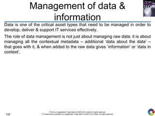 140
ITIL® is a (registered) Trade Mark of AXELOS Limited. All rights reserved.
IT Infrastructure Library® is a (registered) Trade Mark of AXELOS Limited. All rights reserved.
Management of data &
information
Data is one of the critical asset types that need to be managed in order to
develop, deliver & support IT services effectively.
The role of data management is not just about managing raw data: it is about
managing all the contextual metadata – additional ‘data about the data’ –
that goes with it, & when added to the raw data gives ‘information’ or ‘data in
context’.
 