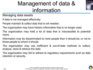 141
ITIL® is a (registered) Trade Mark of AXELOS Limited. All rights reserved.
IT Infrastructure Library® is a (registered) Trade Mark of AXELOS Limited. All rights reserved.
Management of data &
information
Managing data assets
If data is not managed effectively:
People maintain & collect data that is not needed.
The organization may have historic information that is no longer used.
The organization may hold a lot of data that is inaccessible to potential
users.
Information may be disseminated to more people than it should be, or not to
those people to whom it should.
The organization may use inefficient & out-of-date methods to collect,
analyse, store & retrieve the data
The organization may fail to adhere to regulatory requirements such as data
retention or security.
 