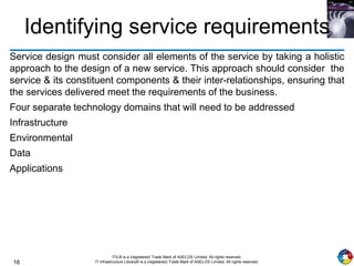 16
ITIL® is a (registered) Trade Mark of AXELOS Limited. All rights reserved.
IT Infrastructure Library® is a (registered) Trade Mark of AXELOS Limited. All rights reserved.
Identifying service requirements
Service design must consider all elements of the service by taking a holistic
approach to the design of a new service. This approach should consider the
service & its constituent components & their inter-relationships, ensuring that
the services delivered meet the requirements of the business.
Four separate technology domains that will need to be addressed
Infrastructure
Environmental
Data
Applications
 