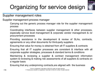 178
ITIL® is a (registered) Trade Mark of AXELOS Limited. All rights reserved.
IT Infrastructure Library® is a (registered) Trade Mark of AXELOS Limited. All rights reserved.
Organizing for service design
Supplier management roles
Supplier management process manager
Carrying out the generic process manager role for the supplier management
process
Coordinating interfaces between supplier management & other processes,
especially service level management & corporate vendor management & /or
procurement processes
Providing assistance in the development & review of SLAs, contracts,
agreements or any other documents for third-party suppliers
Ensuring that value for money is obtained from all IT suppliers & contracts
Ensuring that all IT supplier processes are consistent & interface with all
corporate supplier strategies, processes & standard terms & conditions
Maintaining & reviewing a supplier & contract management information
system & reviewing & making risk assessments of all suppliers & contracts on
a regular basis
Ensuring that any underpinning contracts,are aligned with the business
 