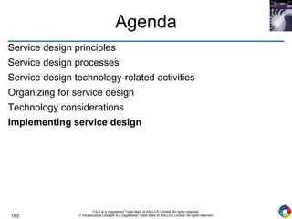 185
ITIL® is a (registered) Trade Mark of AXELOS Limited. All rights reserved.
IT Infrastructure Library® is a (registered) Trade Mark of AXELOS Limited. All rights reserved.
Agenda
Service design principles
Service design processes
Service design technology-related activities
Organizing for service design
Technology considerations
Implementing service design
 