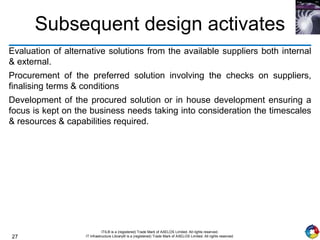 27
ITIL® is a (registered) Trade Mark of AXELOS Limited. All rights reserved.
IT Infrastructure Library® is a (registered) Trade Mark of AXELOS Limited. All rights reserved.
Subsequent design activates
Evaluation of alternative solutions from the available suppliers both internal
& external.
Procurement of the preferred solution involving the checks on suppliers,
finalising terms & conditions
Development of the procured solution or in house development ensuring a
focus is kept on the business needs taking into consideration the timescales
& resources & capabilities required.
 