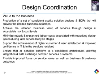 37
ITIL® is a (registered) Trade Mark of AXELOS Limited. All rights reserved.
IT Infrastructure Library® is a (registered) Trade Mark of AXELOS Limited. All rights reserved.
Design Coordination
Value to the business
Production of a set of consistent quality solution designs & SDPs that will
provide the desired business outcomes.
Achieve the intended business value of services through design at
acceptable risk & cost levels
Minimize rework & unplanned labour costs associated with reworking design
issues during later service lifecycle stages
Support the achievement of higher customer & user satisfaction & improved
confidence in IT & in the services received
Ensure that all services conform to a consistent architecture, allowing
integration & data exchange between services & systems
Provide improved focus on service value as well as business & customer
outcomes
 