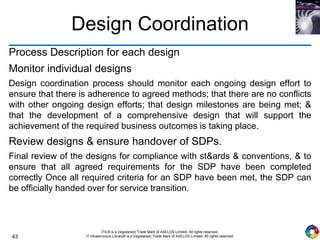 43
ITIL® is a (registered) Trade Mark of AXELOS Limited. All rights reserved.
IT Infrastructure Library® is a (registered) Trade Mark of AXELOS Limited. All rights reserved.
Design Coordination
Process Description for each design
Monitor individual designs
Design coordination process should monitor each ongoing design effort to
ensure that there is adherence to agreed methods; that there are no conflicts
with other ongoing design efforts; that design milestones are being met; &
that the development of a comprehensive design that will support the
achievement of the required business outcomes is taking place.
Review designs & ensure handover of SDPs.
Final review of the designs for compliance with st&ards & conventions, & to
ensure that all agreed requirements for the SDP have been completed
correctly Once all required criteria for an SDP have been met, the SDP can
be officially handed over for service transition.
 