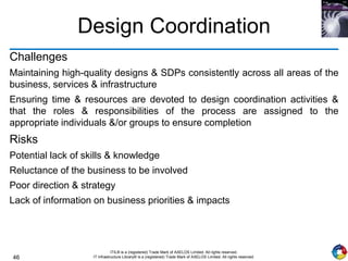 46
ITIL® is a (registered) Trade Mark of AXELOS Limited. All rights reserved.
IT Infrastructure Library® is a (registered) Trade Mark of AXELOS Limited. All rights reserved.
Design Coordination
Challenges
Maintaining high-quality designs & SDPs consistently across all areas of the
business, services & infrastructure
Ensuring time & resources are devoted to design coordination activities &
that the roles & responsibilities of the process are assigned to the
appropriate individuals &/or groups to ensure completion
Risks
Potential lack of skills & knowledge
Reluctance of the business to be involved
Poor direction & strategy
Lack of information on business priorities & impacts
 