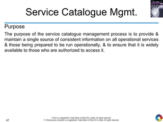 47
ITIL® is a (registered) Trade Mark of AXELOS Limited. All rights reserved.
IT Infrastructure Library® is a (registered) Trade Mark of AXELOS Limited. All rights reserved.
Service Catalogue Mgmt.
Purpose
The purpose of the service catalogue management process is to provide &
maintain a single source of consistent information on all operational services
& those being prepared to be run operationally, & to ensure that it is widely
available to those who are authorized to access it.
 