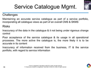 56
ITIL® is a (registered) Trade Mark of AXELOS Limited. All rights reserved.
IT Infrastructure Library® is a (registered) Trade Mark of AXELOS Limited. All rights reserved.
Service Catalogue Mgmt.
Challenges
Maintaining an accurate service catalogue as part of a service portfolio,
incorporating all catalogue views as part of an overall CMS & SKMS
Risks
Inaccuracy of the data in the catalogue & it not being under rigorous change
control
Poor acceptance of the service catalogue & its usage in all operational
processes. The more active the catalogue is, the more likely it is to be
accurate in its content
Inaccuracy of information received from the business, IT & the service
portfolio, with regard to service information
 