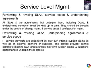64
ITIL® is a (registered) Trade Mark of AXELOS Limited. All rights reserved.
IT Infrastructure Library® is a (registered) Trade Mark of AXELOS Limited. All rights reserved.
Service Level Mgmt.
Reviewing & revising SLAs, service scope & underpinning
agreements
All SLAs & the agreements that underpin them, including OLAs, &
underpinning contracts, must be kept up to date. They should be brought
under the control of change mgmt. & service asset & configuration mgmt.
Reviewing & revising OLAs, underpinning agreements &
service scope
IT service providers are dependent on their own internal support teams as
well as on external partners or suppliers. The service provider cannot
commit to meeting SLA targets unless their own support teams’ & suppliers’
performances underpin these targets.
 