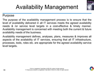 69
ITIL® is a (registered) Trade Mark of AXELOS Limited. All rights reserved.
IT Infrastructure Library® is a (registered) Trade Mark of AXELOS Limited. All rights reserved.
Availability Management
Purpose
The purpose of the availability management process is to ensure that the
level of availability delivered in all IT services meets the agreed availability
needs & /or service level targets in a cost-effective & timely manner.
Availability management is concerned with meeting both the current & future
availability needs of the business.
Availability management defines, analyses, plans, measures & improves all
aspects of the availability of IT services, ensuring that all IT infrastructure,
processes, tools, roles etc. are appropriate for the agreed availability service
level targets.
 