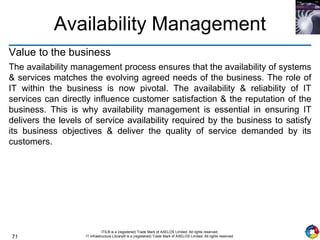 71
ITIL® is a (registered) Trade Mark of AXELOS Limited. All rights reserved.
IT Infrastructure Library® is a (registered) Trade Mark of AXELOS Limited. All rights reserved.
Availability Management
Value to the business
The availability management process ensures that the availability of systems
& services matches the evolving agreed needs of the business. The role of
IT within the business is now pivotal. The availability & reliability of IT
services can directly influence customer satisfaction & the reputation of the
business. This is why availability management is essential in ensuring IT
delivers the levels of service availability required by the business to satisfy
its business objectives & deliver the quality of service demanded by its
customers.
 