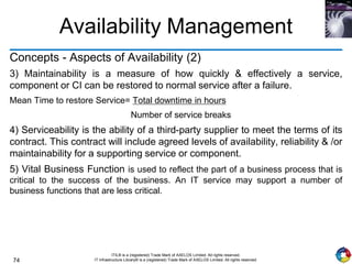 74
ITIL® is a (registered) Trade Mark of AXELOS Limited. All rights reserved.
IT Infrastructure Library® is a (registered) Trade Mark of AXELOS Limited. All rights reserved.
Availability Management
Concepts - Aspects of Availability (2)
3) Maintainability is a measure of how quickly & effectively a service,
component or CI can be restored to normal service after a failure.
Mean Time to restore Service= Total downtime in hours
Number of service breaks
4) Serviceability is the ability of a third-party supplier to meet the terms of its
contract. This contract will include agreed levels of availability, reliability & /or
maintainability for a supporting service or component.
5) Vital Business Function is used to reflect the part of a business process that is
critical to the success of the business. An IT service may support a number of
business functions that are less critical.
 