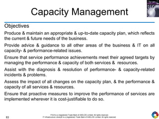 83
ITIL® is a (registered) Trade Mark of AXELOS Limited. All rights reserved.
IT Infrastructure Library® is a (registered) Trade Mark of AXELOS Limited. All rights reserved.
Capacity Management
Objectives
Produce & maintain an appropriate & up-to-date capacity plan, which reflects
the current & future needs of the business.
Provide advice & guidance to all other areas of the business & IT on all
capacity- & performance-related issues.
Ensure that service performance achievements meet their agreed targets by
managing the performance & capacity of both services & resources.
Assist with the diagnosis & resolution of performance- & capacity-related
incidents & problems.
Assess the impact of all changes on the capacity plan, & the performance &
capacity of all services & resources.
Ensure that proactive measures to improve the performance of services are
implemented wherever it is cost-justifiable to do so.
 