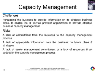 95
ITIL® is a (registered) Trade Mark of AXELOS Limited. All rights reserved.
IT Infrastructure Library® is a (registered) Trade Mark of AXELOS Limited. All rights reserved.
Capacity Management
Challenges
Persuading the business to provide information on its strategic business
plans, to enable the IT service provider organization to provide effective
business capacity management.
Risks
A lack of commitment from the business to the capacity management
process
A lack of appropriate information from the business on future plans &
strategies
A lack of senior management commitment or a lack of resources & /or
budget for the capacity management process
 