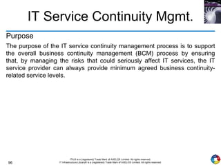 96
ITIL® is a (registered) Trade Mark of AXELOS Limited. All rights reserved.
IT Infrastructure Library® is a (registered) Trade Mark of AXELOS Limited. All rights reserved.
IT Service Continuity Mgmt.
Purpose
The purpose of the IT service continuity management process is to support
the overall business continuity management (BCM) process by ensuring
that, by managing the risks that could seriously affect IT services, the IT
service provider can always provide minimum agreed business continuity-
related service levels.
 