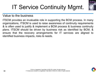 98
ITIL® is a (registered) Trade Mark of AXELOS Limited. All rights reserved.
IT Infrastructure Library® is a (registered) Trade Mark of AXELOS Limited. All rights reserved.
IT Service Continuity Mgmt.
Value to the business
ITSCM provides an invaluable role in supporting the BCM process. In many
organizations, ITSCM is used to raise awareness of continuity requirements
& is often used to justify & implement a BCM process & business continuity
plans. ITSCM should be driven by business risk as identified by BCM, &
ensure that the recovery arrangements for IT services are aligned to
identified business impacts, risks & needs.
 