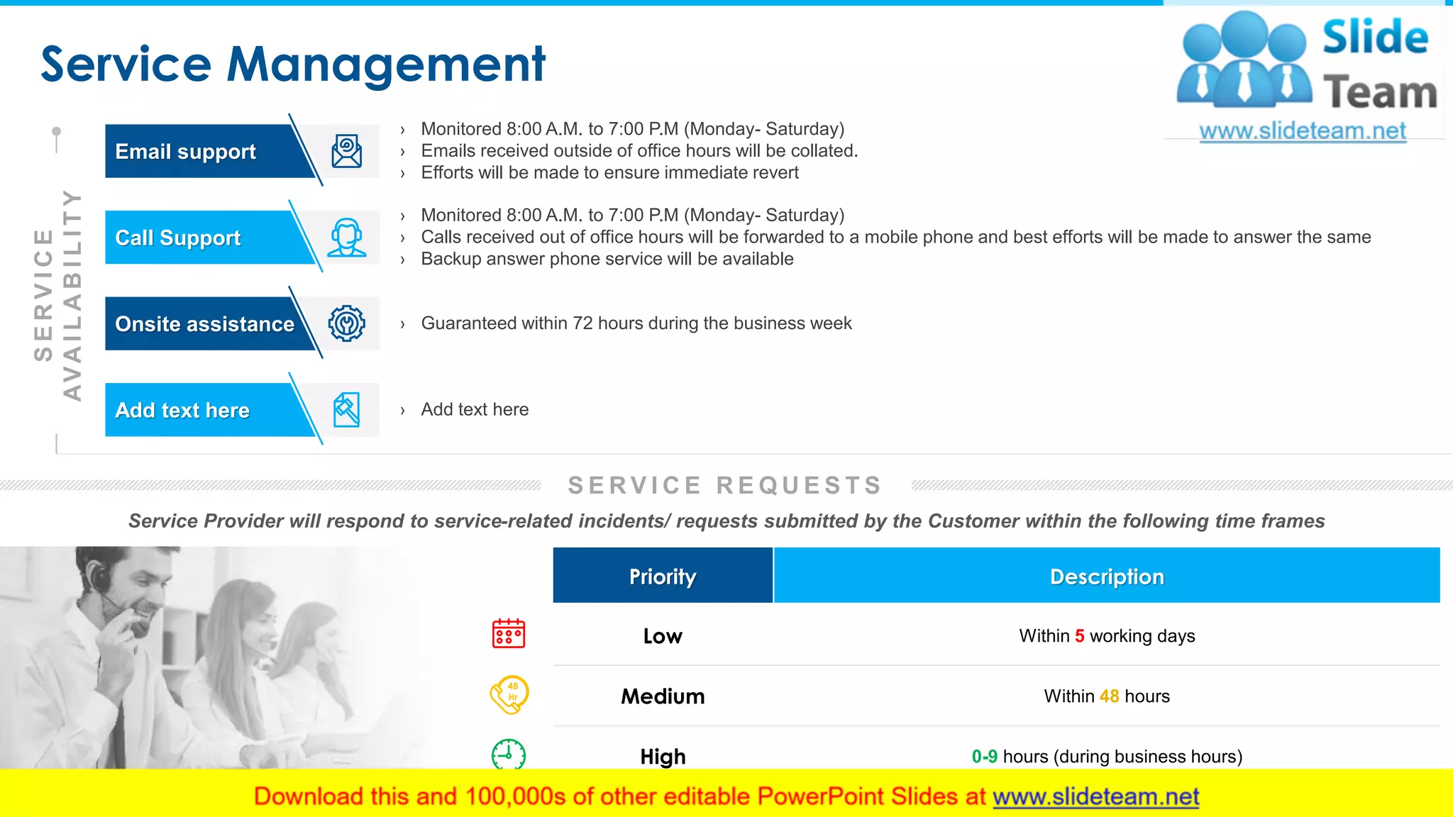 Service Management
8
› Guaranteed within 72 hours during the business week
Add text here › Add text here
› Monitored 8:00 A.M. to 7:00 P.M (Monday- Saturday)
› Emails received outside of office hours will be collated.
› Efforts will be made to ensure immediate revert
Email support
› Monitored 8:00 A.M. to 7:00 P.M (Monday- Saturday)
› Calls received out of office hours will be forwarded to a mobile phone and best efforts will be made to answer the same
› Backup answer phone service will be available
SERVICE
AVAILABILITY
Service Provider will respond to service-related incidents/ requests submitted by the Customer within the following time frames
Priority Description
Low Within 5 working days
Medium Within 48 hours
High 0-9 hours (during business hours)
48
Hr
Call Support
Onsite assistance
S E R V I C E R E Q U E S T S
This slide is 100% editable. Adapt it to your needs and capture your audience's attention.
 