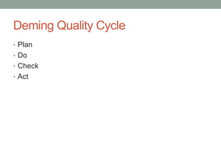 Deming Quality Cycle
• Plan
• Do
• Check
• Act
 
