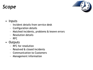 Scope
• Inputs
– Incident details from service desk
– Configuration details
– Matched incidents, problems & known errors
–...