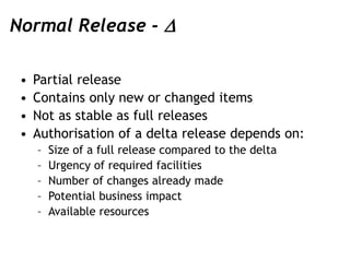 Normal Release - 
• Partial release
• Contains only new or changed items
• Not as stable as full releases
• Authorisation...