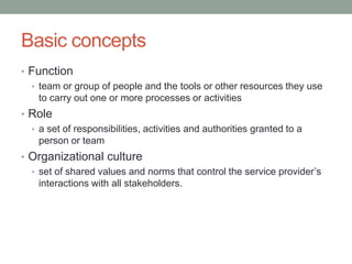 Basic concepts
• Function
• team or group of people and the tools or other resources they use
to carry out one or more processes or activities
• Role
• a set of responsibilities, activities and authorities granted to a
person or team
• Organizational culture
• set of shared values and norms that control the service provider’s
interactions with all stakeholders.
 