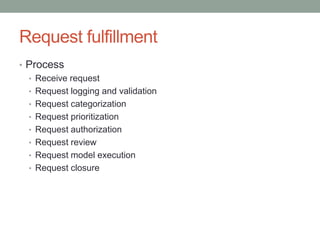 Request fulfillment
• Process
• Receive request
• Request logging and validation
• Request categorization
• Request prioritization
• Request authorization
• Request review
• Request model execution
• Request closure
 