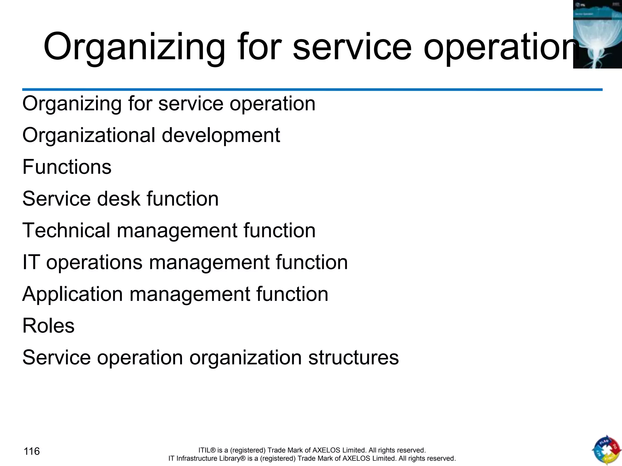 116 ITIL® is a (registered) Trade Mark of AXELOS Limited. All rights reserved.
IT Infrastructure Library® is a (registered) Trade Mark of AXELOS Limited. All rights reserved.
Organizing for service operation
Organizing for service operation
Organizational development
Functions
Service desk function
Technical management function
IT operations management function
Application management function
Roles
Service operation organization structures
 