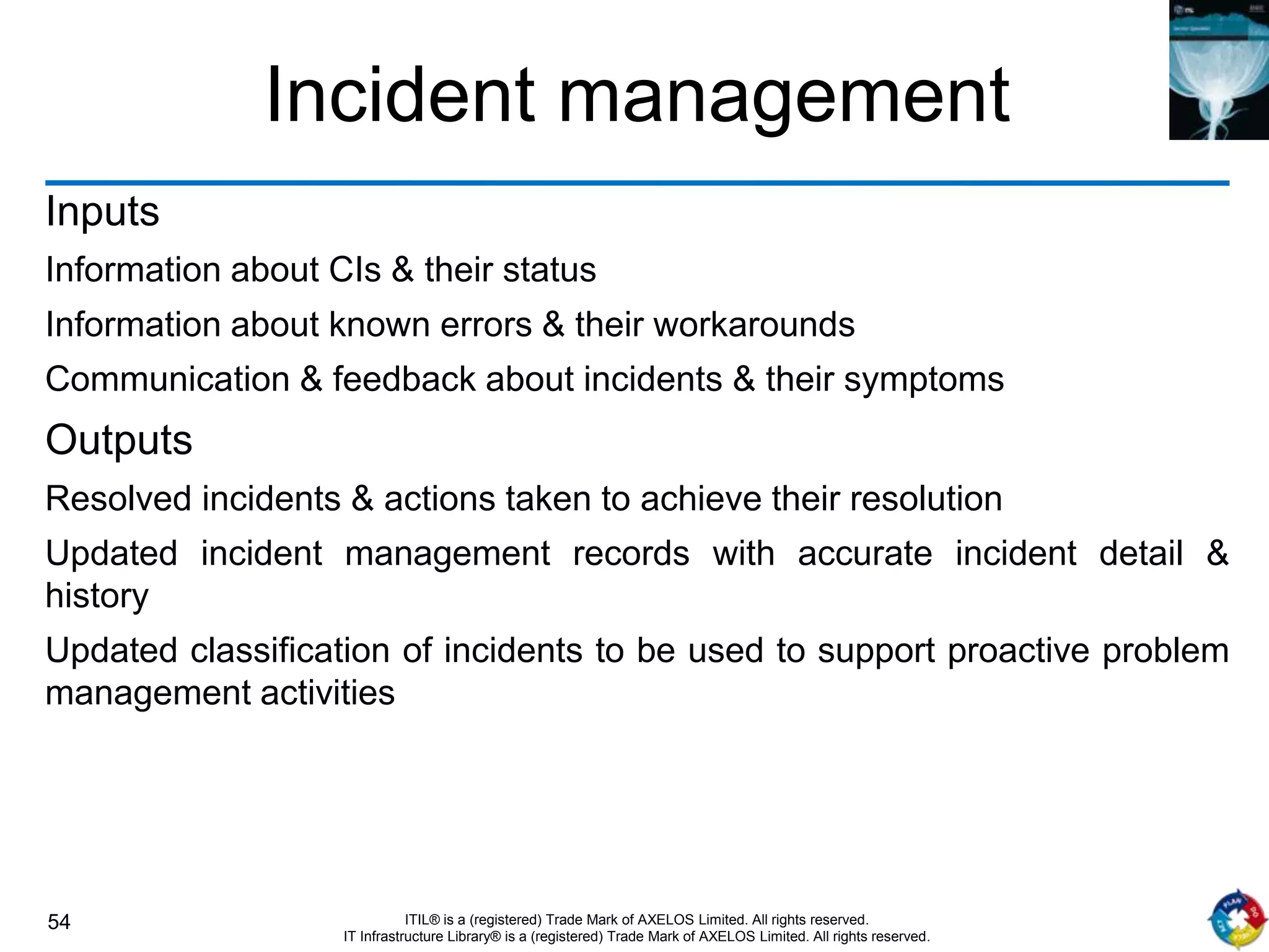 54 ITIL® is a (registered) Trade Mark of AXELOS Limited. All rights reserved.
IT Infrastructure Library® is a (registered) Trade Mark of AXELOS Limited. All rights reserved.
Incident management
Inputs
Information about CIs & their status
Information about known errors & their workarounds
Communication & feedback about incidents & their symptoms
Outputs
Resolved incidents & actions taken to achieve their resolution
Updated incident management records with accurate incident detail &
history
Updated classification of incidents to be used to support proactive problem
management activities
 