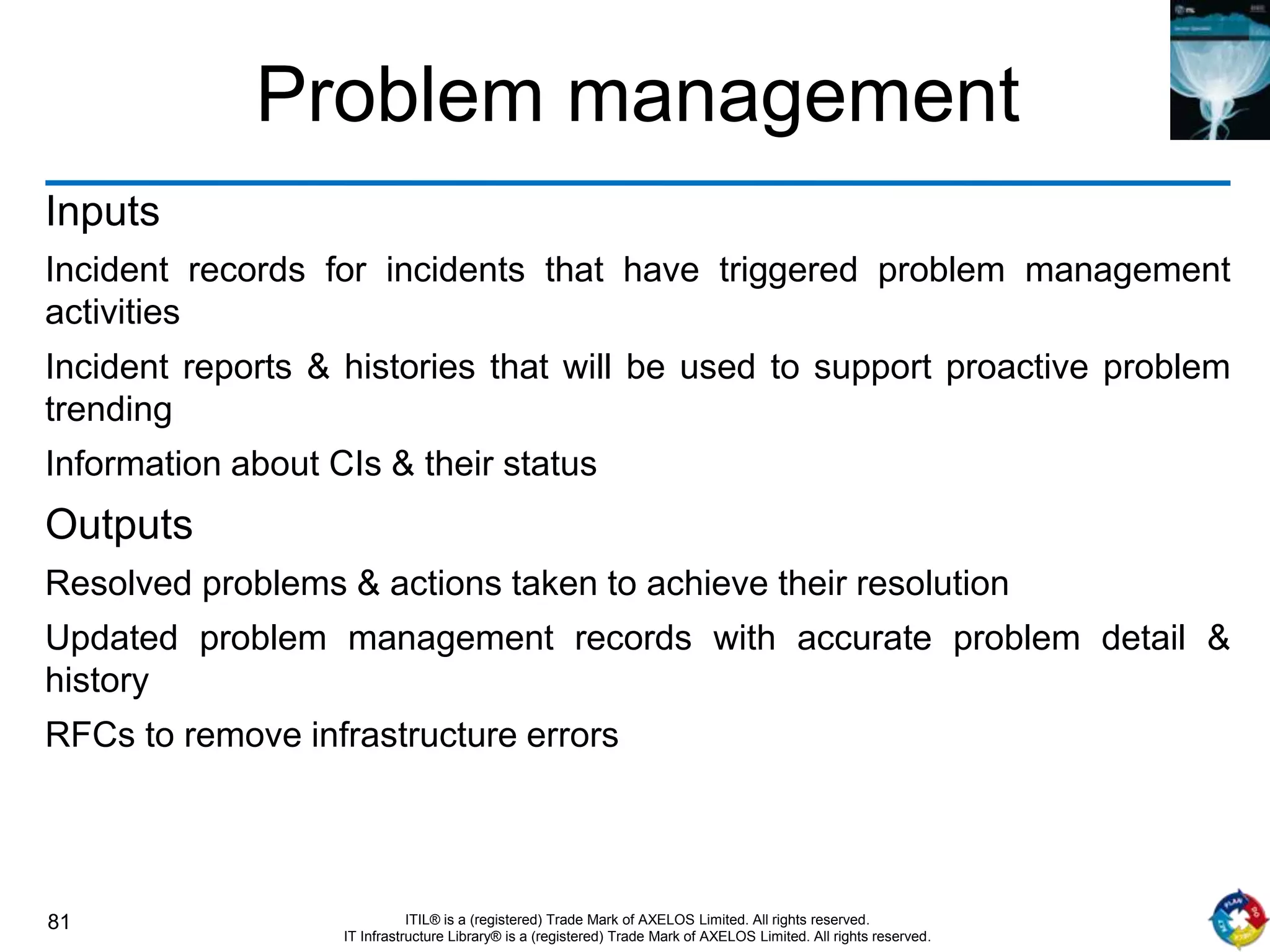 81 ITIL® is a (registered) Trade Mark of AXELOS Limited. All rights reserved.
IT Infrastructure Library® is a (registered) Trade Mark of AXELOS Limited. All rights reserved.
Problem management
Inputs
Incident records for incidents that have triggered problem management
activities
Incident reports & histories that will be used to support proactive problem
trending
Information about CIs & their status
Outputs
Resolved problems & actions taken to achieve their resolution
Updated problem management records with accurate problem detail &
history
RFCs to remove infrastructure errors
 