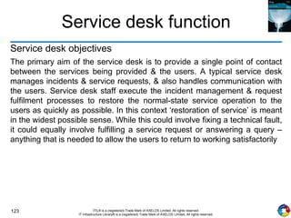 123 ITIL® is a (registered) Trade Mark of AXELOS Limited. All rights reserved.
IT Infrastructure Library® is a (registered) Trade Mark of AXELOS Limited. All rights reserved.
Service desk function
Service desk objectives
The primary aim of the service desk is to provide a single point of contact
between the services being provided & the users. A typical service desk
manages incidents & service requests, & also handles communication with
the users. Service desk staff execute the incident management & request
fulfilment processes to restore the normal-state service operation to the
users as quickly as possible. In this context ‘restoration of service’ is meant
in the widest possible sense. While this could involve fixing a technical fault,
it could equally involve fulfilling a service request or answering a query –
anything that is needed to allow the users to return to working satisfactorily
 