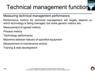 139 ITIL® is a (registered) Trade Mark of AXELOS Limited. All rights reserved.
IT Infrastructure Library® is a (registered) Trade Mark of AXELOS Limited. All rights reserved.
Technical management function
Measuring technical management performance
Performance metrics for technical management will largely depend on
which technology is being managed, but some generic metrics are:
Measurement of agreed metrics
Process metrics
Technology performance
Meantime between failures of specified equipment
Measurement of maintenance activity
Training & skils development
 
