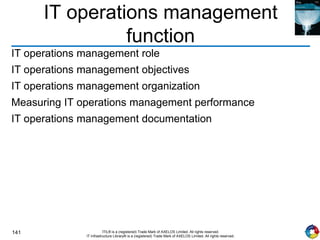 141 ITIL® is a (registered) Trade Mark of AXELOS Limited. All rights reserved.
IT Infrastructure Library® is a (registered) Trade Mark of AXELOS Limited. All rights reserved.
IT operations management
function
IT operations management role
IT operations management objectives
IT operations management organization
Measuring IT operations management performance
IT operations management documentation
 