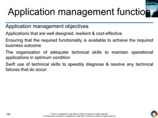 149 ITIL® is a (registered) Trade Mark of AXELOS Limited. All rights reserved.
IT Infrastructure Library® is a (registered) Trade Mark of AXELOS Limited. All rights reserved.
Application management function
Application management objectives
Applications that are well designed, resilient & cost-effective
Ensuring that the required functionality is available to achieve the required
business outcome
The organization of adequate technical skills to maintain operational
applications in optimum condition
Swift use of technical skills to speedily diagnose & resolve any technical
failures that do occur.
 