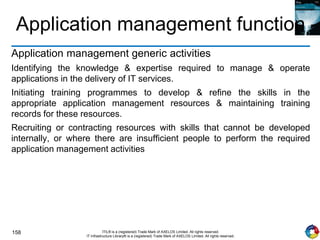 158 ITIL® is a (registered) Trade Mark of AXELOS Limited. All rights reserved.
IT Infrastructure Library® is a (registered) Trade Mark of AXELOS Limited. All rights reserved.
Application management function
Application management generic activities
Identifying the knowledge & expertise required to manage & operate
applications in the delivery of IT services.
Initiating training programmes to develop & refine the skills in the
appropriate application management resources & maintaining training
records for these resources.
Recruiting or contracting resources with skills that cannot be developed
internally, or where there are insufficient people to perform the required
application management activities
 