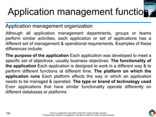 159 ITIL® is a (registered) Trade Mark of AXELOS Limited. All rights reserved.
IT Infrastructure Library® is a (registered) Trade Mark of AXELOS Limited. All rights reserved.
Application management function
Application management organization
Although all application management departments, groups or teams
perform similar activities, each application or set of applications has a
different set of management & operational requirements. Examples of these
differences include:
The purpose of the application Each application was developed to meet a
specific set of objectives, usually business objectives. The functionality of
the application Each application is designed to work in a different way & to
perform different functions at different time. The platform on which the
application runs Each platform affects the way in which an application
needs to be managed & operated. The type or brand of technology used
Even applications that have similar functionality operate differently on
different databases or platforms
 