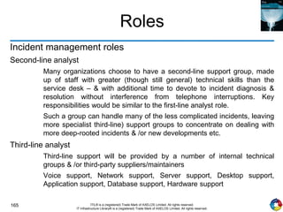 165 ITIL® is a (registered) Trade Mark of AXELOS Limited. All rights reserved.
IT Infrastructure Library® is a (registered) Trade Mark of AXELOS Limited. All rights reserved.
Roles
Incident management roles
Second-line analyst
Many organizations choose to have a second-line support group, made
up of staff with greater (though still general) technical skills than the
service desk – & with additional time to devote to incident diagnosis &
resolution without interference from telephone interruptions. Key
responsibilities would be similar to the first-line analyst role.
Such a group can handle many of the less complicated incidents, leaving
more specialist third-line) support groups to concentrate on dealing with
more deep-rooted incidents & /or new developments etc.
Third-line analyst
Third-line support will be provided by a number of internal technical
groups & /or third-party suppliers/maintainers
Voice support, Network support, Server support, Desktop support,
Application support, Database support, Hardware support
 