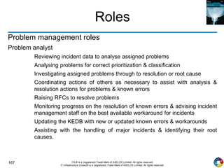 167 ITIL® is a (registered) Trade Mark of AXELOS Limited. All rights reserved.
IT Infrastructure Library® is a (registered) Trade Mark of AXELOS Limited. All rights reserved.
Roles
Problem management roles
Problem analyst
Reviewing incident data to analyse assigned problems
Analysing problems for correct prioritization & classification
Investigating assigned problems through to resolution or root cause
Coordinating actions of others as necessary to assist with analysis &
resolution actions for problems & known errors
Raising RFCs to resolve problems
Monitoring progress on the resolution of known errors & advising incident
management staff on the best available workaround for incidents
Updating the KEDB with new or updated known errors & workarounds
Assisting with the handling of major incidents & identifying their root
causes.
 