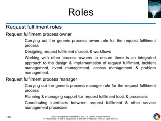 168 ITIL® is a (registered) Trade Mark of AXELOS Limited. All rights reserved.
IT Infrastructure Library® is a (registered) Trade Mark of AXELOS Limited. All rights reserved.
Roles
Request fulfilment roles
Request fulfilment process owner
Carrying out the generic process owner role for the request fulfilment
process
Designing request fulfilment models & workflows
Working with other process owners to ensure there is an integrated
approach to the design & implementation of request fulfilment, incident
management, event management, access management & problem
management.
Request fulfilment process manager
Carrying out the generic process manager role for the request fulfilment
process
Planning & managing support for request fulfilment tools & processes
Coordinating interfaces between request fulfilment & other service
management processes
 